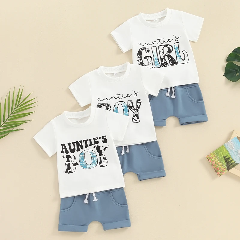 

2023-12-12 Lioraitiin 0-3Y Toddler Baby Boys Summer Outfits Short Sleeve Cow Letter Print Tops and Shorts Set Clothes