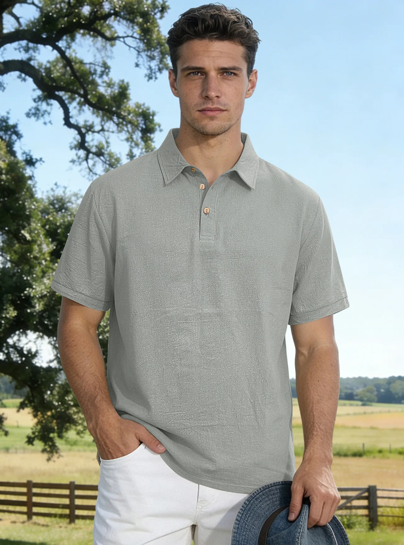 Men Linen Textured Polo Shirts Summer Short Sleeve Lapel Collar Half Button Breathable Casual Vacation Tops