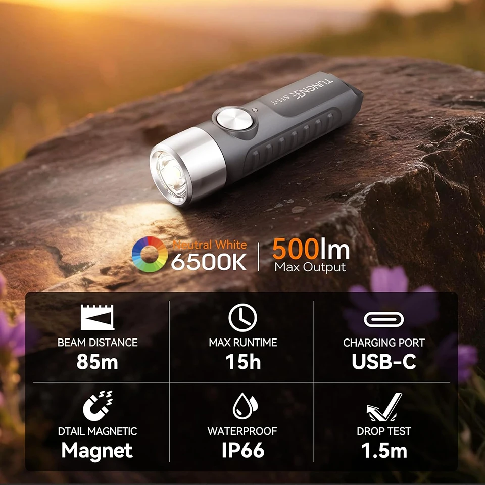 

TUNENGE S11-T Rechargeable Keychain Flashlight, 500 High Lumens EDC Mini Flashlight, LED Pocket Light for Outdoor, Camping