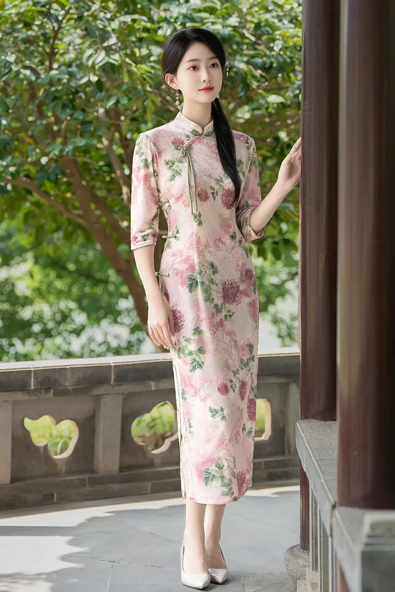 المخملية شيونغسام 2024 الخريف نمط طويل تحسين مزاجه شيونغسام النمط الصيني المألوف شيونغسام تنورة #5