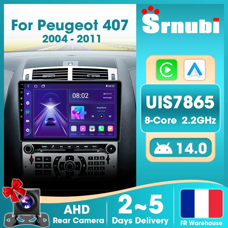 Srnubi 2 Din Head Unit Car Radio GPS Navigation Multimedia Carplay Android Auto QLED Screen DSP Bluetooth 5.4 Support SWC for Peugeot 407 2004-2011 UIS7865 8-Core 4G WIFI Automobile Intelligent Systems