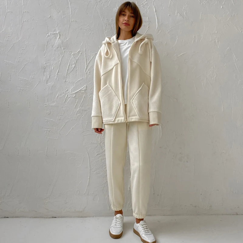

New Spring Two-piece Set Women Loose Lace-Up Zip-up Hoodie Pocket Sweatshirts+Elastic Waist Casual Warm Patchwork Pants Outfit