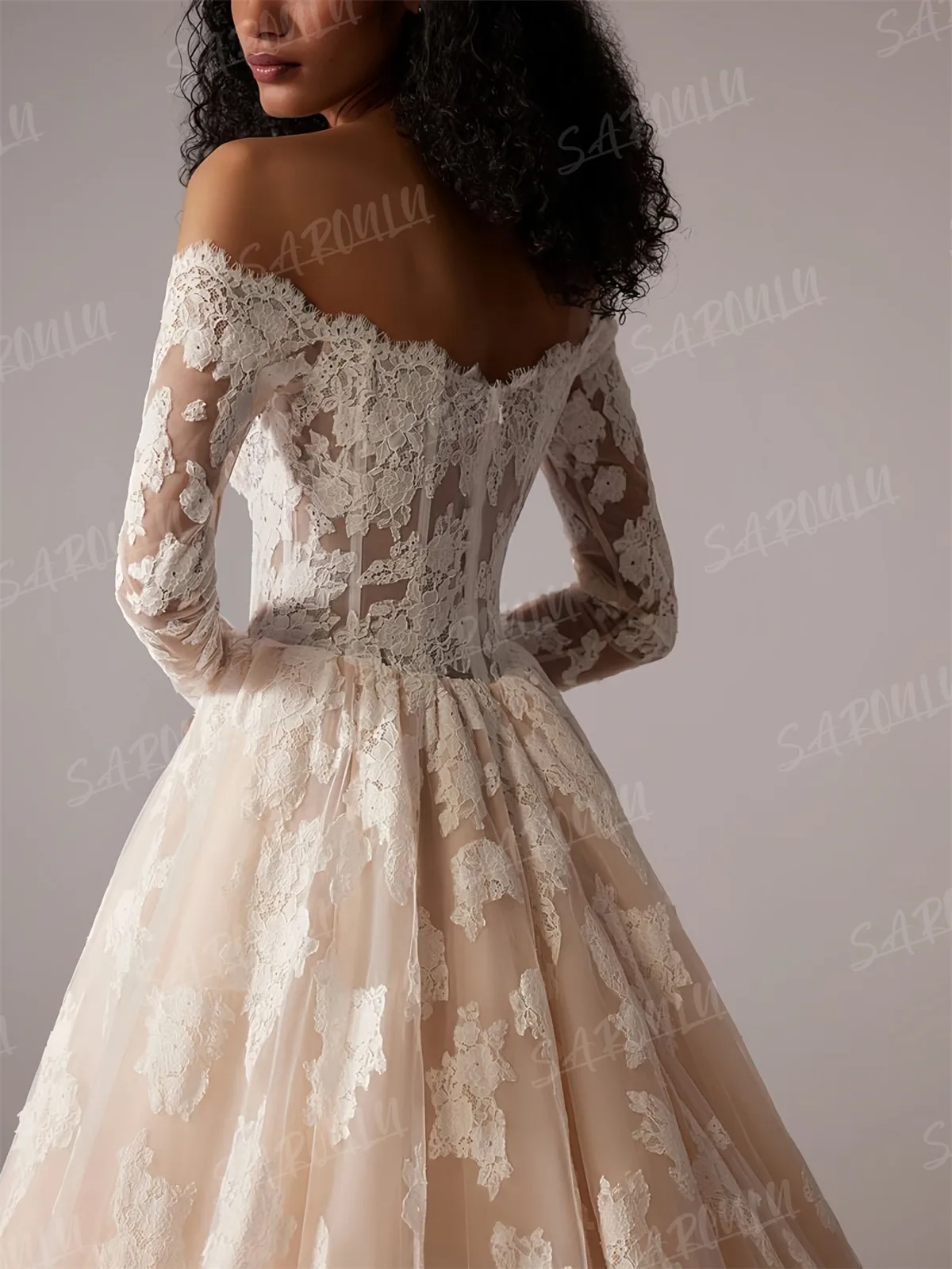 Champagne Lining Lace Bride Dress with Off Shoulder Full Sleeves A Line Tulle Romantic Customized Wedding Dresses for Women 2025