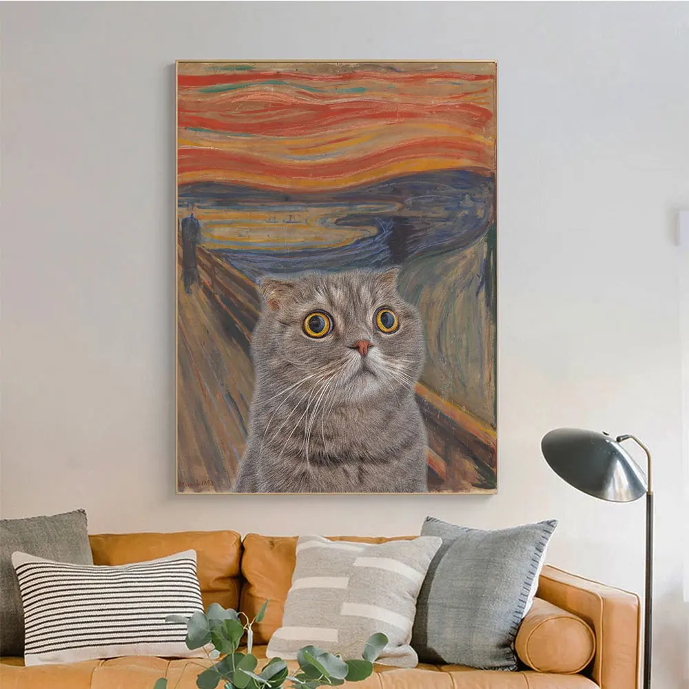 Funny Fright Cat Abstract Poster and Prints Canvas Painting Retro Animals Portrait Art Rainbow Nordic Picture Living Room Decor