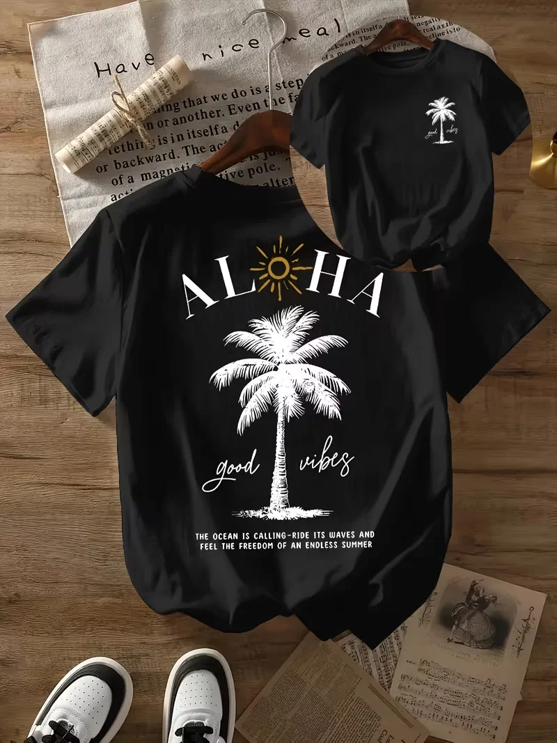 Aloha Good Vibes Palm Tree Print T-Shirt, Front & Back, Women's Casual Crew Neck Short Sleeve Tee,Tropical Summer Getaway Tee ﻿