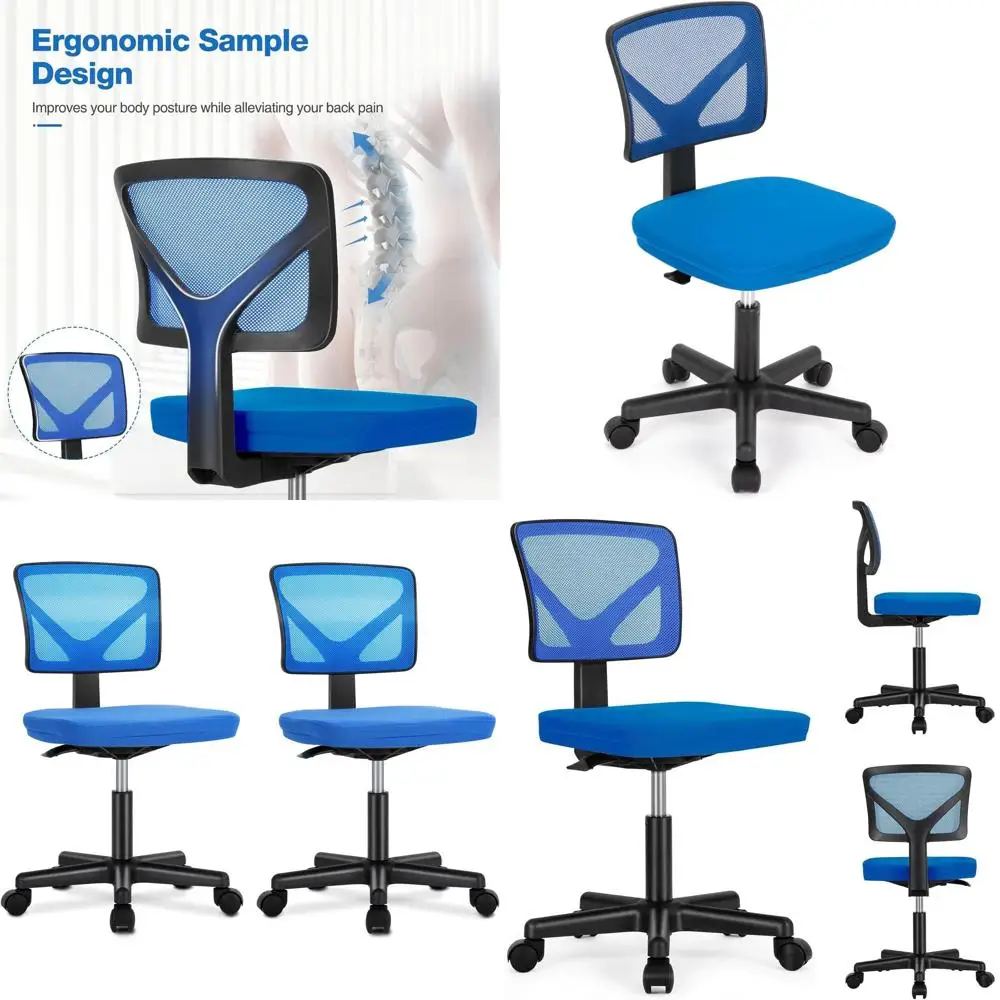 

Комплект из 2 предметов: синие офисные кресла с сетчатой спинкой, поворотные, на колесиках, с регулировкой высоты и поясничной поддержкой