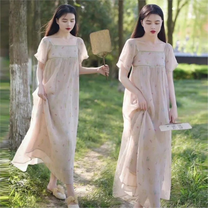 

2025 Pregnant Women's Clothing New Arrival Summer Printed Loose Hanfu Chiffon Dress Light Luxury Fashion Maternity Dress LH052