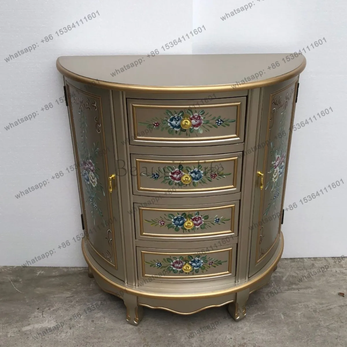 Champagne gold bucket cabinet, rose painted entrance semicircular entrance decorative cabinet