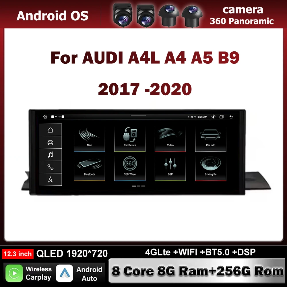 Android Auto Carplay Monitor Stereo Carplay 12.3 Inch For AUDI A4L A4 A5 B9 2017 2018-2020 Speakers Radio Multimedia Player 4G