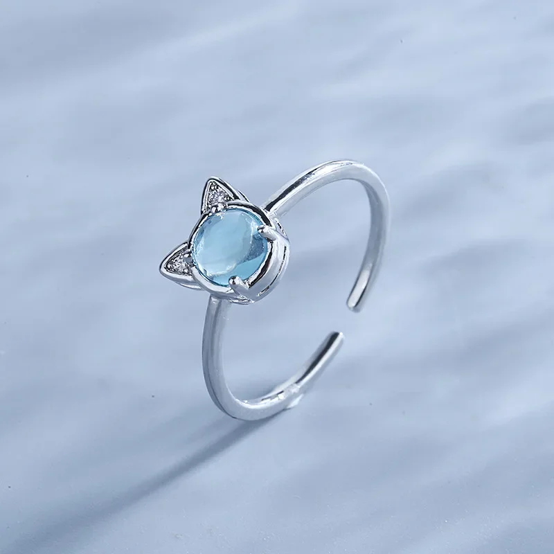 Sterling Silver Blue Imitation Crystal Cat Adjustable Finger Ring for Women Shiny Zircon Blue Cat Eye Stone Rings Серьги Женские