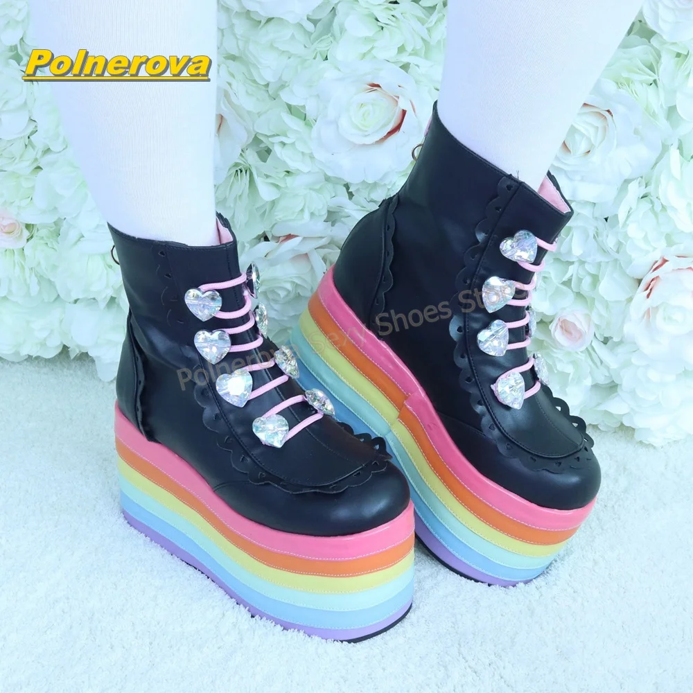 Women Ruffle Platform Mid Calf Boots Rainbow Thick Sole Rhinestone Heart Lace Up Booties Y2K Sweet Punk Street Fashion Footwear