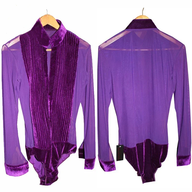 Men Purple Long Sleeve Leotard Pleated Shirt Latin Dance Tops Male Professional Ballroom Shirts Competition Dance Top