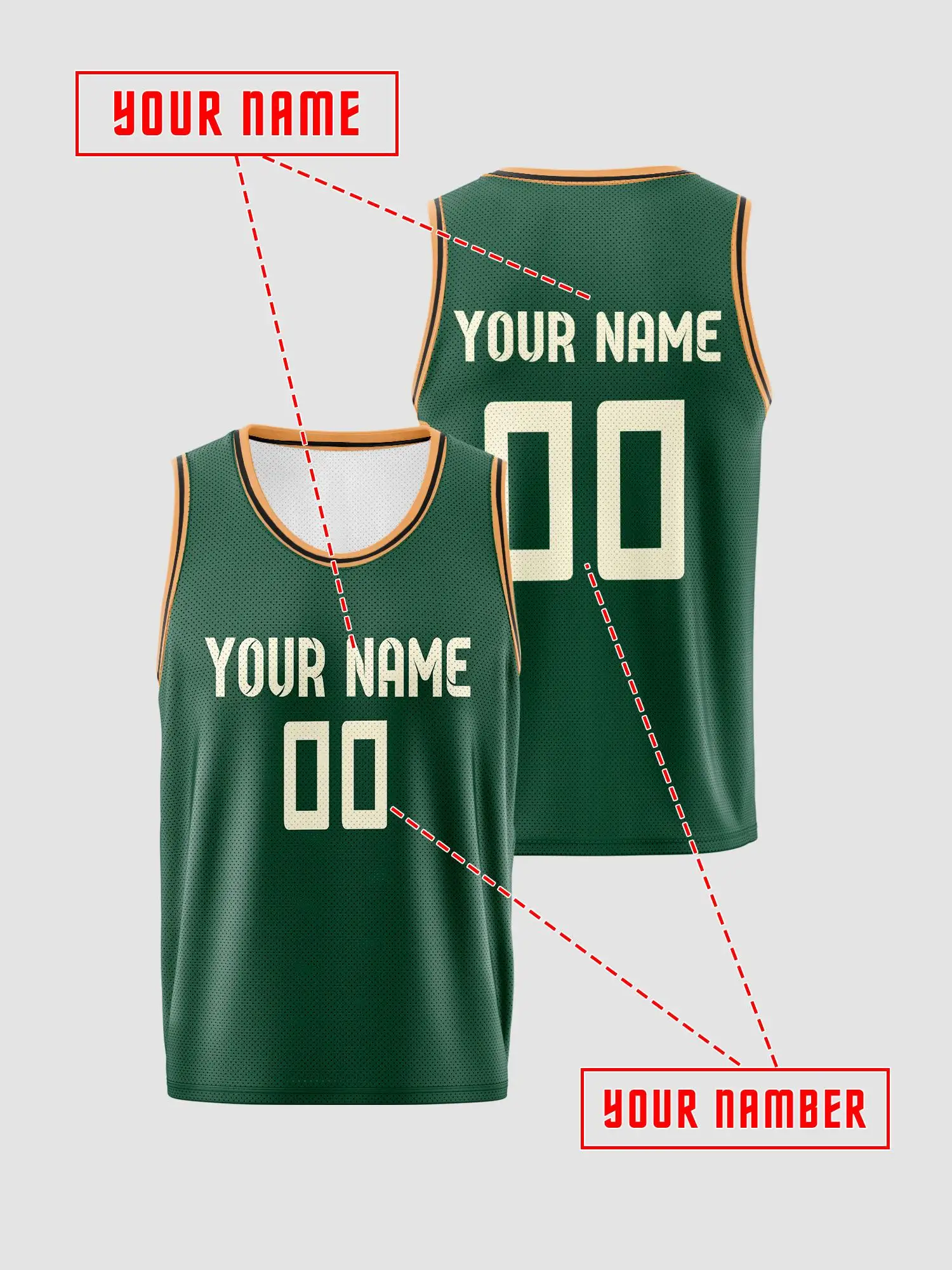 Dark‑Green Gold Trim Custom Basketball Jersey Set, Adults Kids Name Number Print Quick‑Dry Uniform