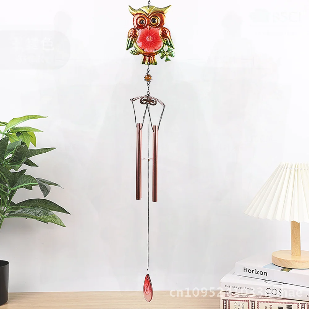 

Handmade Metal Owl Wind Chime with Glass Painted Sprays Blue Yellow Red Tubes Decorative Hanging Ornaments for Courtyard Garden