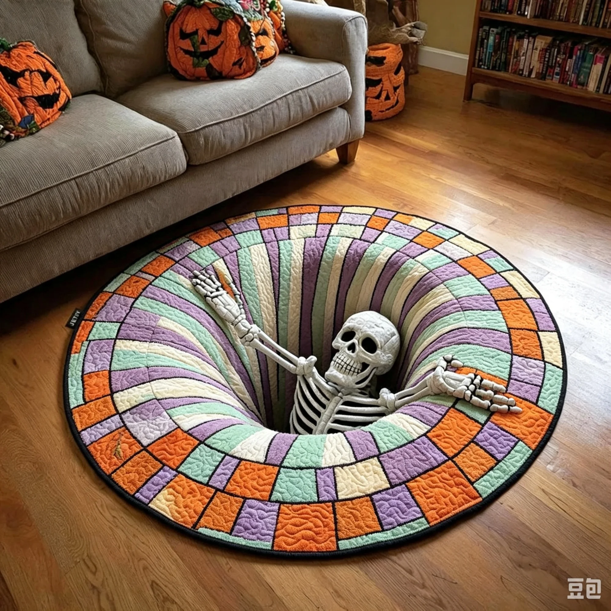 Flannel Round 2D Skeleton Trap Visual Illusion Rug Halloween Color‑Block Household Bedroom Floor Carpet