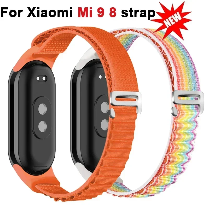 أشرطة حلقة من النايلون لـ Xiaomi Mi Band 9 8 سوار معصم مرن قابل للتعديل وجيد التهوية وناعم وقابل للتمدد متوافق مع Mi Band 9 8 NFC