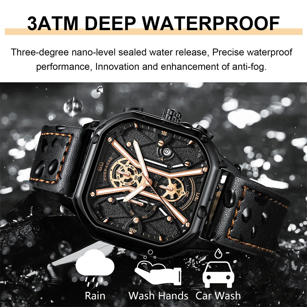 POEDAGAR Fashion Square Dial Chronograph Quartz Watch Men Luxury Leather Waterproof Luminous Date Men Watches Relogio Masculino