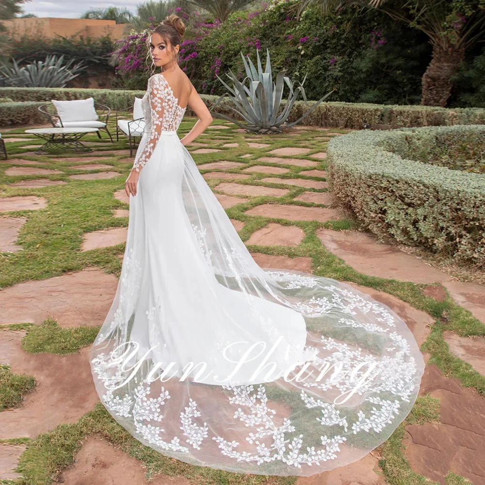 Yunshang-elegante vestidos de casamento sereia um ombro, manga comprida, vestido de noiva aberto, trem destacável, laço