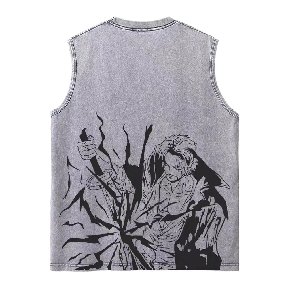 Harajuku Retro Sleeveless T-Shirts Streetwear Vintage Washed Anime One Piece Graphic Print Men Vest Tops Tees Retro Oversize