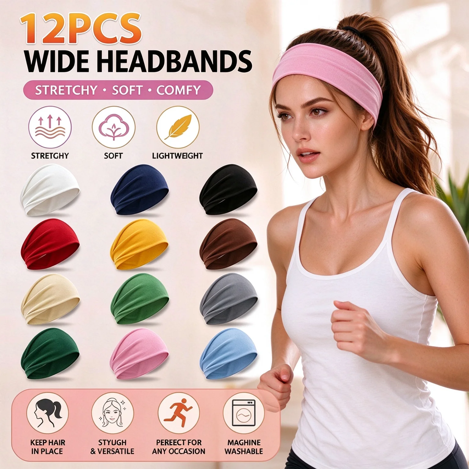 12Pcs Wide Headbands Women Soft Stretchy Non-Slip Head Bands Elastic Sweat Wicking Sports Headband Yoga Running Workout