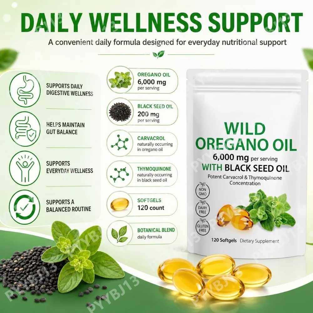 Wild Oregano Oil with Black Seed Oil Softgels 20:1 Oregano Extract with Carvacrol and Thymoquinone Daily Wellness Supplement
