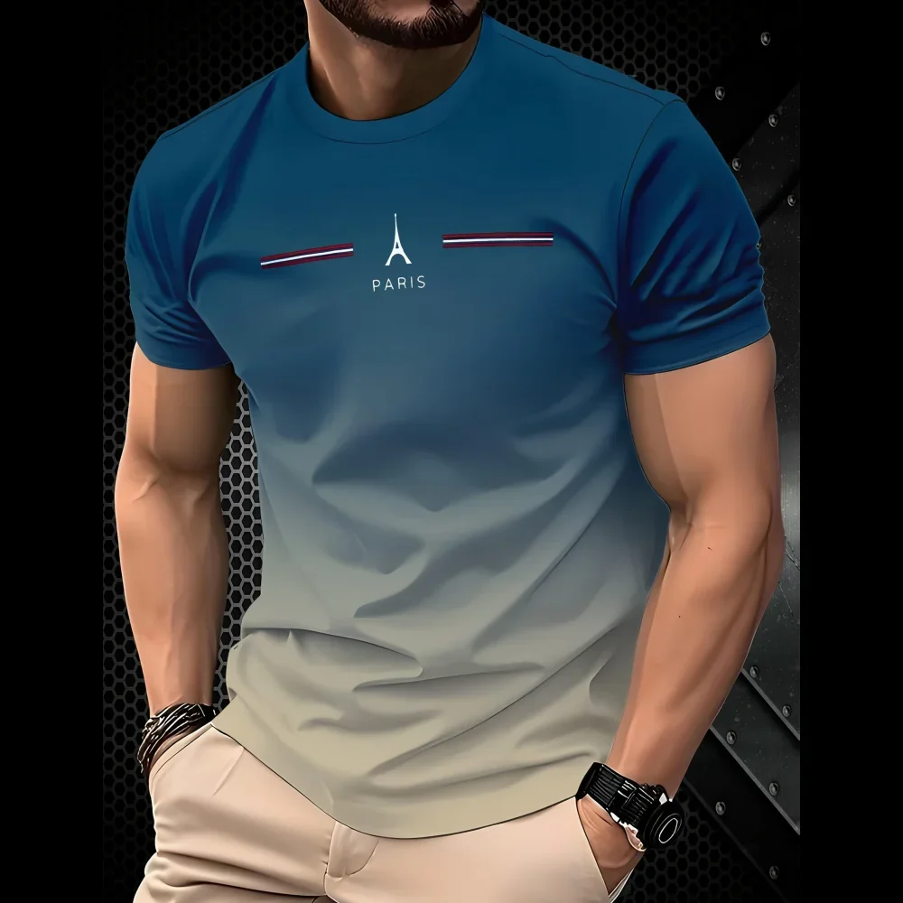 Camiseta Masculina de Verão com Estampa 3D Gradiente Simples Paris, Moda Diária, Oversized, Esportiva, Gola Redonda, Manga Curta
