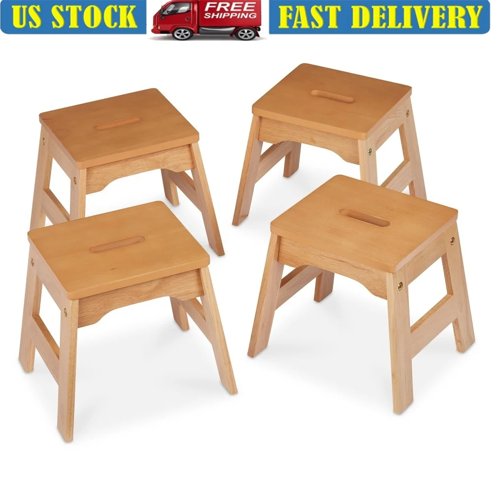 

Set of 4 Stackable Wooden Stools Portable 11 Inch High Natural Light Woodgrain Kids Playroom Furniture
