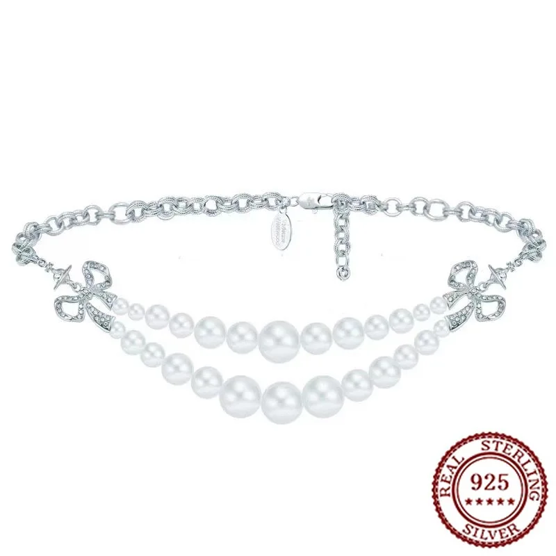 

New Butterfly Knot Pearl Necklace for Women, Light Luxury, High Luxury, Double Layer Pearl Saturn Clavicle Chain