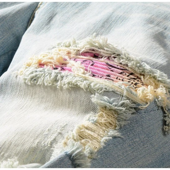 Picture 6: Y2K Blue Pink Bandana Patchwork Jeans Vintage Ripped Hip Hop Micro Elastic Jeans Gothic Harajuku Men Women Slim Pencil Pants