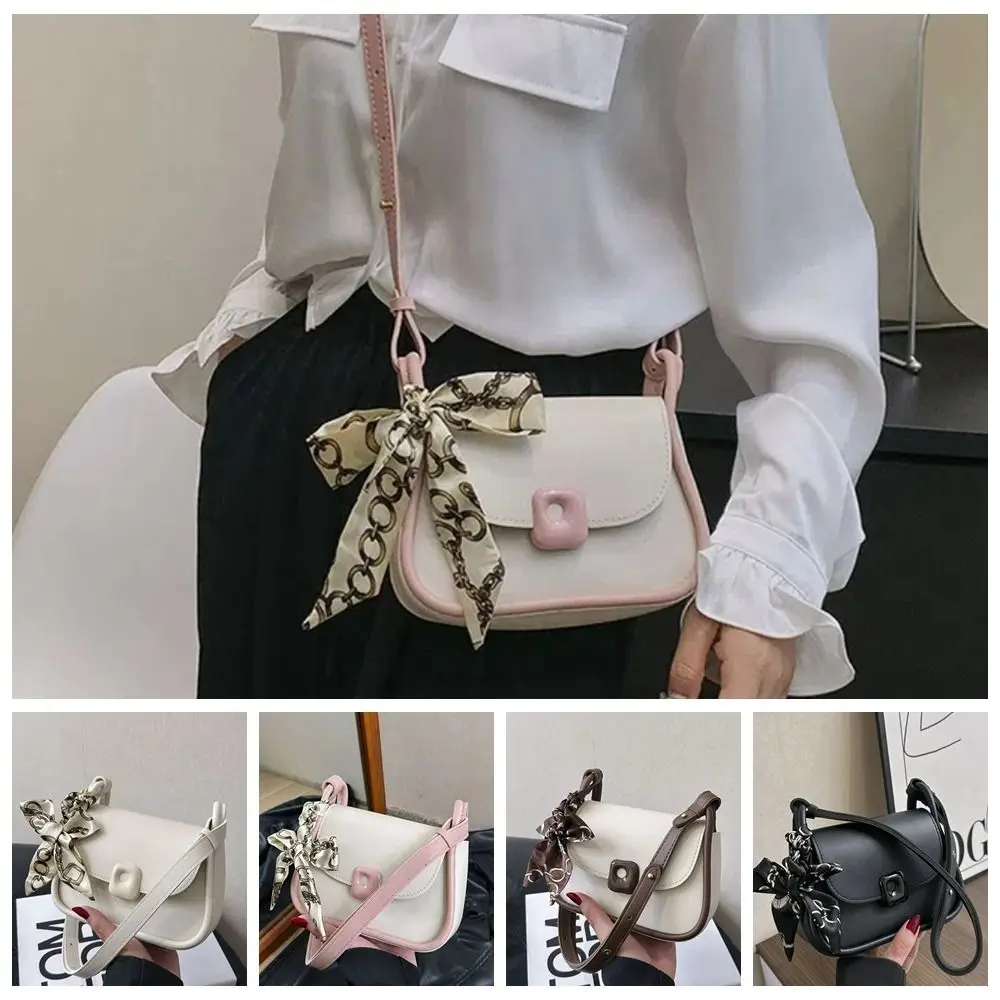 Bow Pendant Silk Scarf Underarm Bag Color Blocked Korean Style Texture Shoulder Bag Versatile Large Capacity PU Leather Handbag