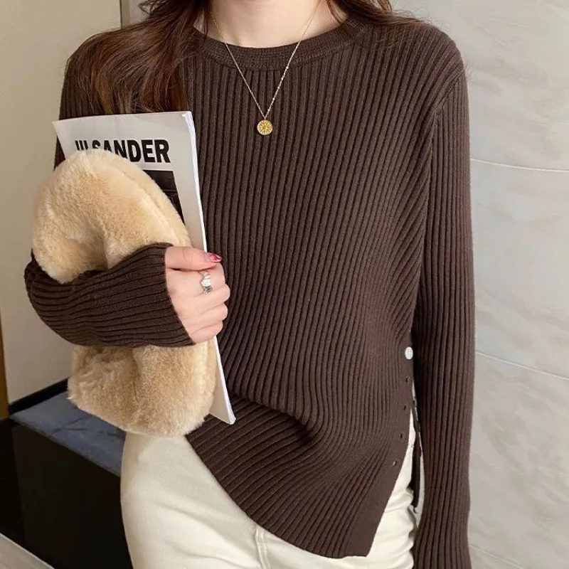 

Winter Long Sleeve Slim Pullover Fashion Split Round Collar Bottoming Sweater for Women Autumn Button Knitted Tops Jumper 29245