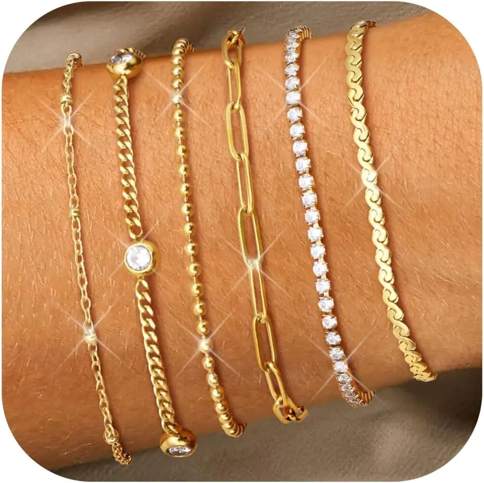 Bobisty Vergoldetes Armband für Damen Edelstahl Stapelbares CZ/Glieder/Tennis/Perlen-Ketten Fußkettchen Schmuck