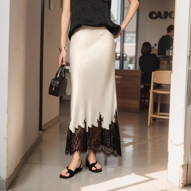 Limiguyue Design Lace Patchwork Skirt High-end Wrapped Hip Long Skirts Autumn Winter French Elegant Party Half Skirt Luxury
