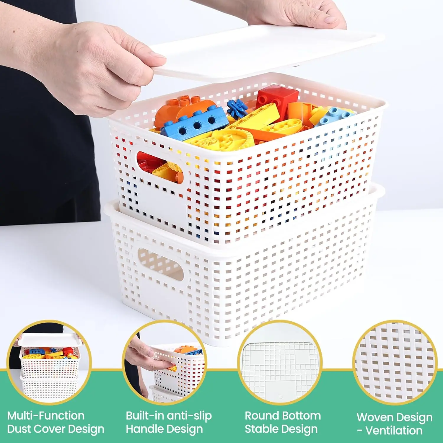 Plastic Storage Baskets with Lid-Plastic Storage Containers Stackable Storage bins: Storage Baskets for Organizing Shelves