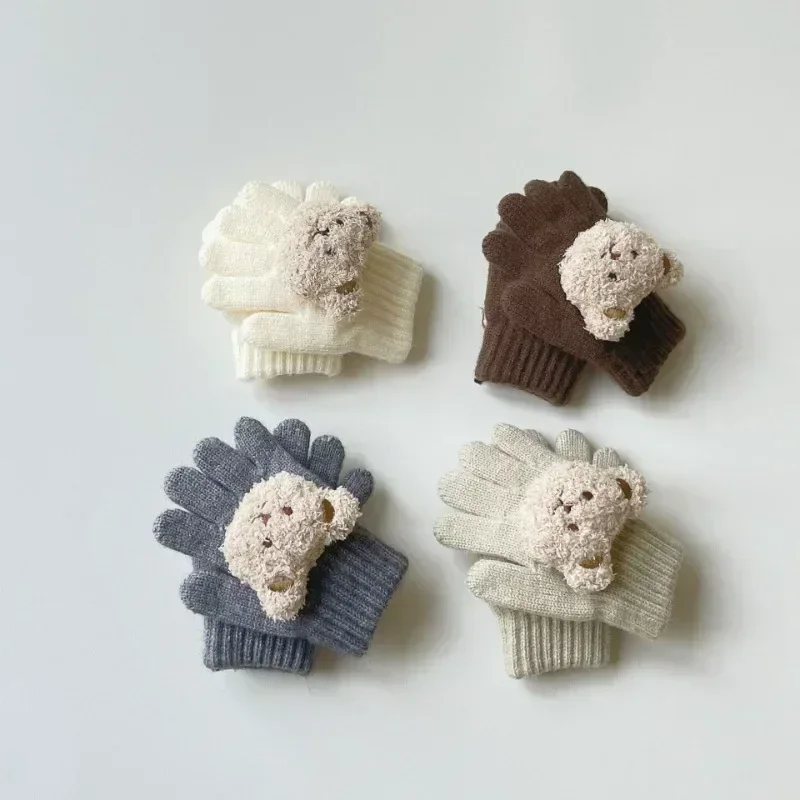 New Kids Winter Wool Gloves Kawaii Cartoon Bear Doll Gloves for Children Boy Girl Outdoor Utumn Warm Knit Cashmere Plush Glove