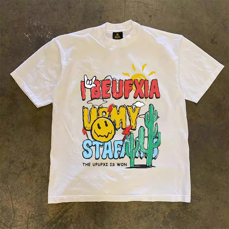 Loose Fit Cotton T-Shirt Unisex Short Sleeve Double Thread UPUPXIA Hero Print Sweat Absorbent round Neck Casual Summer Top