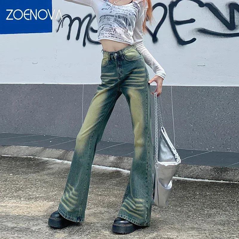 

ZOENOVA Retro Distressed Raw Edge Design High Waist Jeans 2023 New Women Versitile Fashion Loose Mopping Wide Leg Flared Jeans