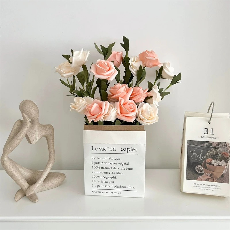 INS 20flowers Set Simulation Rose Romantic Flower With Paper Bag Clothes Shopes Photography Props Home Decor Ornaments