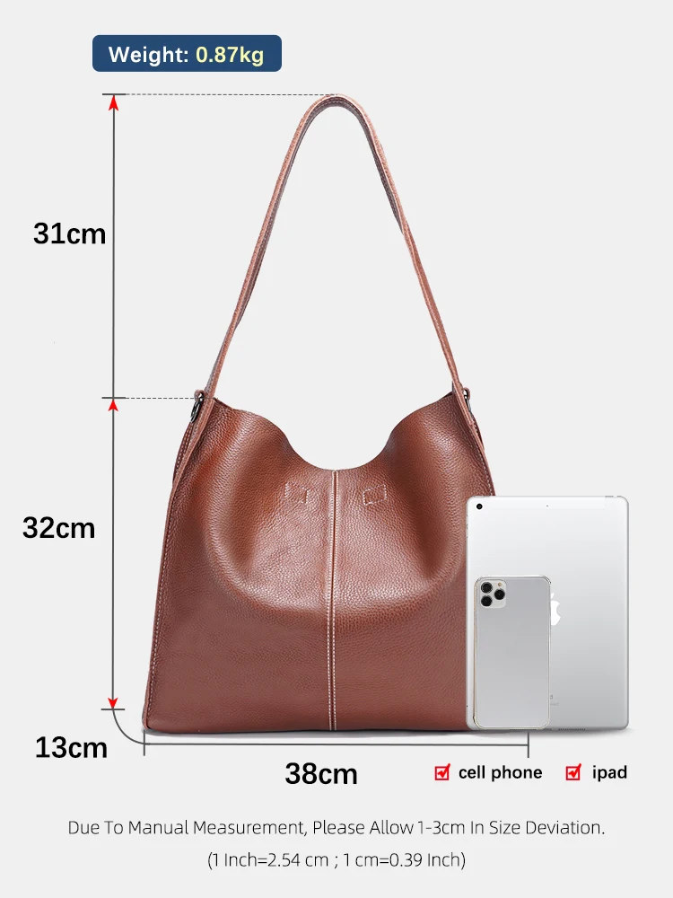 Zency Brown Coffee 100% Genuine Leather Soft Hobo Shoulder Bag Women\'s Handbag Crossbody Bag Designer Wide Strap Work Tote Purse