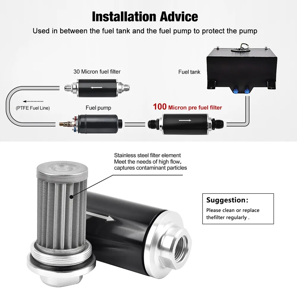 50MM 100 Micron Aluminum Fuel Filter High Flow  with AN6 AN8 AN10 Fitting Adapters, Mounting Bracket, Wrench Universal Cleanable