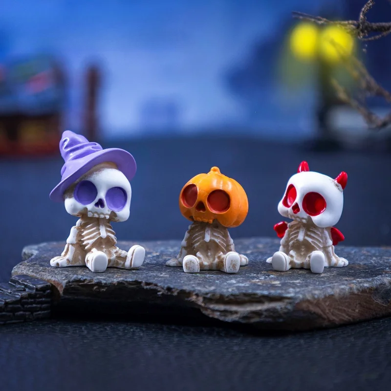 3-teiliges Halloween-Set mit Kürbis- und Totenkopf-Ornamenten, Hexen-, Dämonen-, Mumien- und Skelett-Mikrolandschaftsdekoration, Autozubehör für Zuhause und Partys, Feiertagsgeschenk