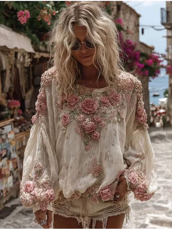 

Ele Lantern Sve irt Ladies' New Loose Fit Premium round Ne Printed Long Sve Top Classy Sle Polyester Fiber