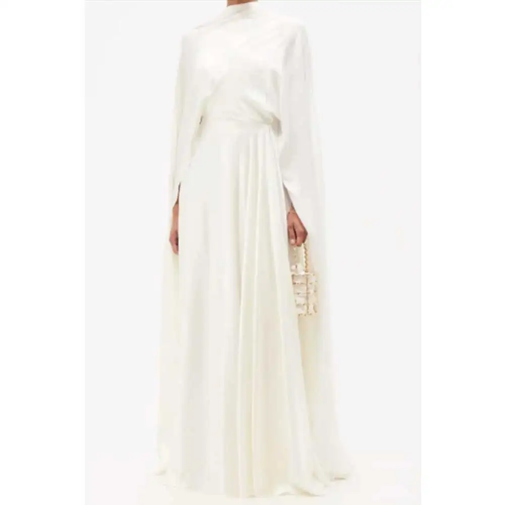 YUNLAN Customized Elegant Saudi Arabian Green Silk Crepe Shawl-Style Maxi Evening Gown, Wedding Guest Cover-Up Robe for Women view 5