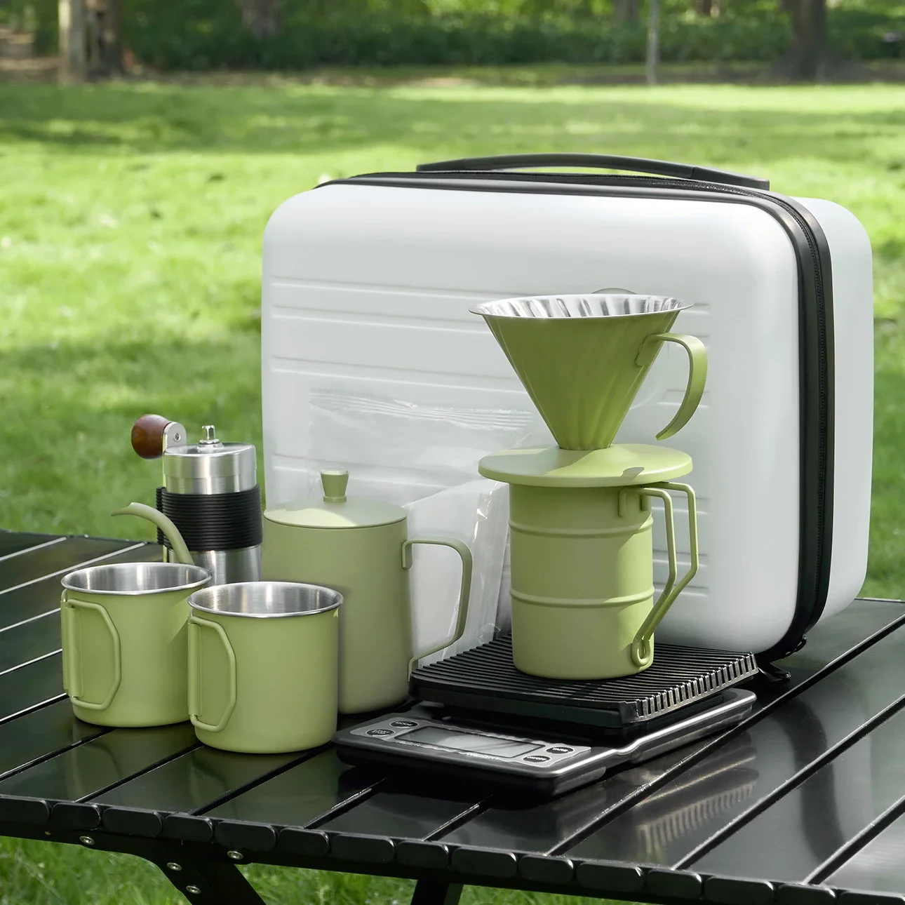 

New 8 Pcs Arabic Outdoor Coffee Travel Sets Tools with Pour Over Kettle Manual Grinder Drip Hand Coffee Maker Kit Coffee Set