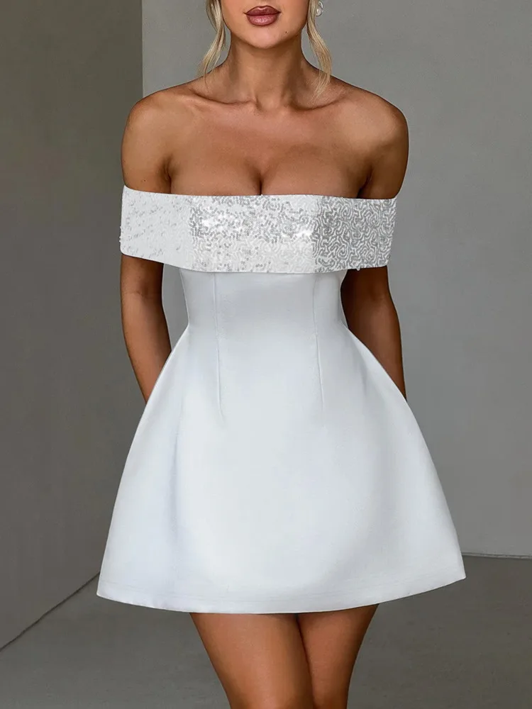 Mozision Off-shoulder Pailletten Strapless Sexy Mini Jurk Damesmode Mouwloze Backless Sparkle Hoge Taille Club Sexy Jurk