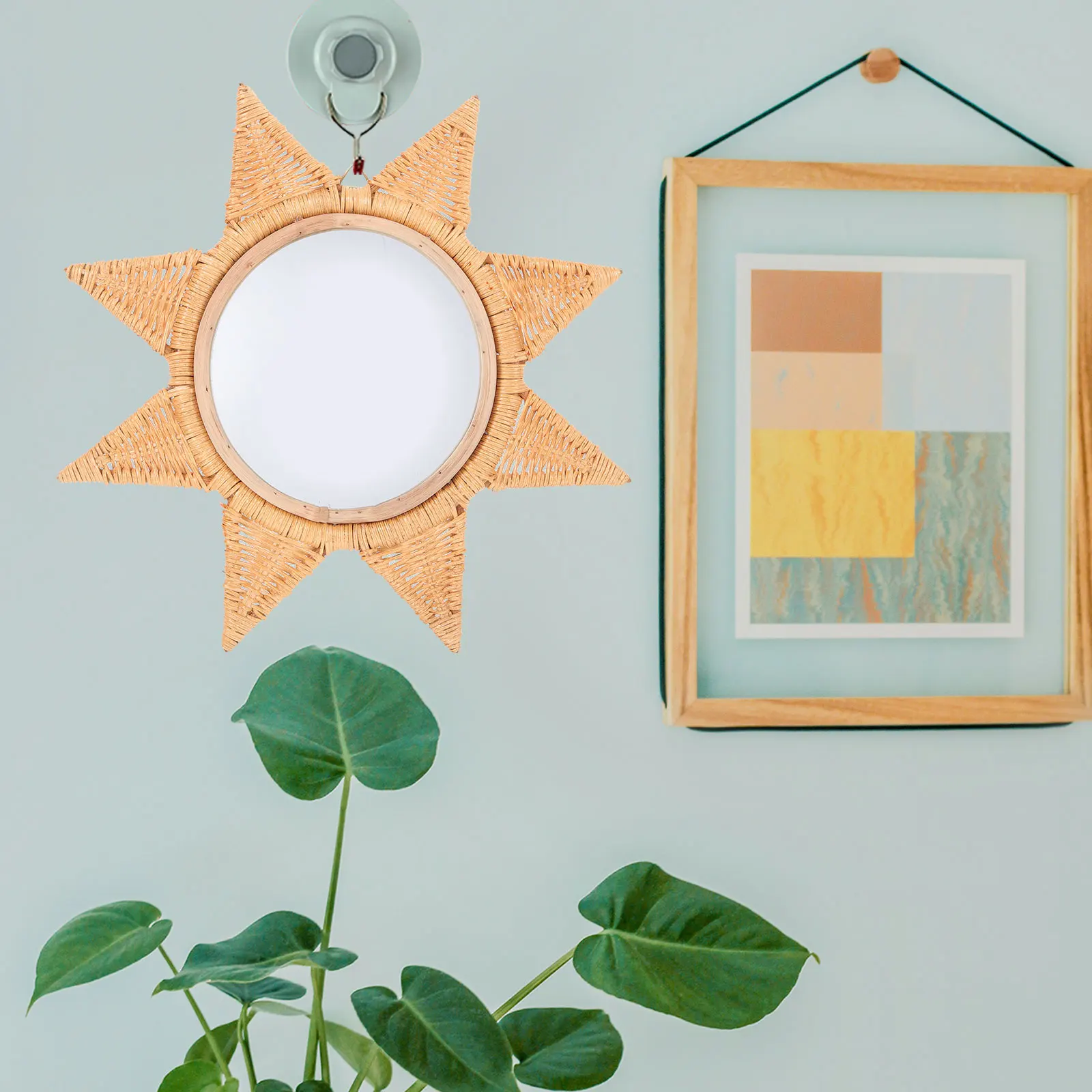 

Retro Decorative Wall Hanging Christmas Party DIY Home Rattan Hanging Mirror Office Rattan Vintage Bathroom Hairdressing