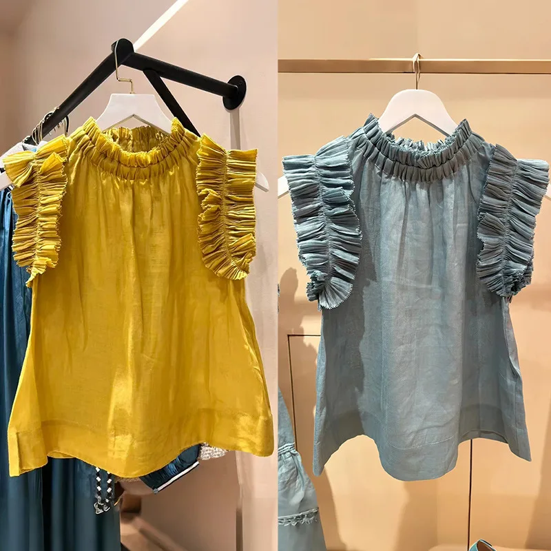 

【Gift Free】2026 Spring Summer Elegant Ruffle Pleated Sleeveless Stand Collar Pullover Solid Color Blouse Top for Women
