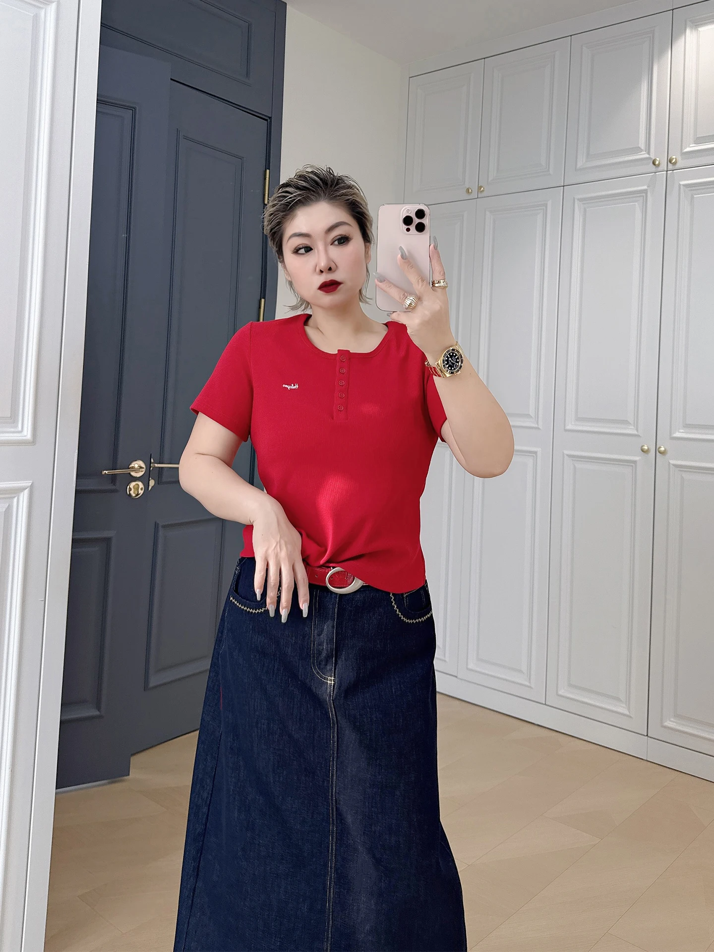 

Ele Embroidered ort Sve T-irt plus Size Women's Slim Fit Waist Cinched f Open Collar Color Top for plus Size