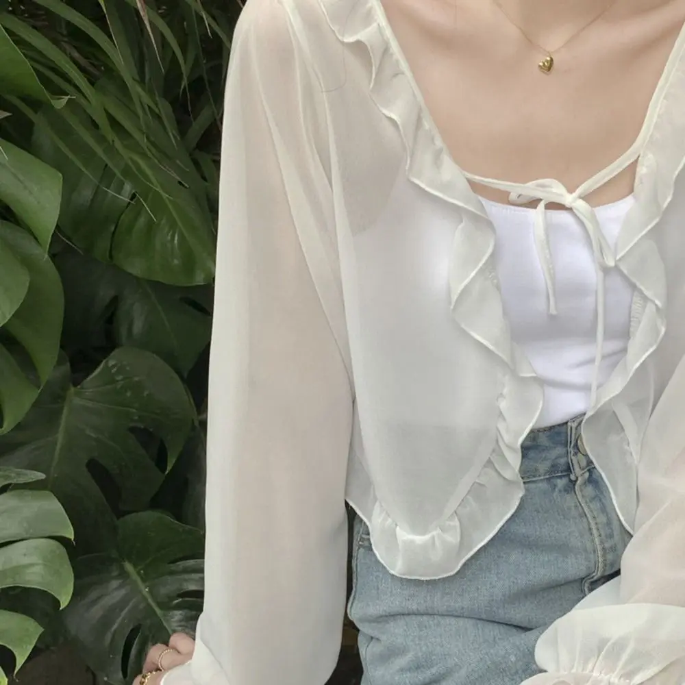 

Long Sleeves Sun Protection Cape Poncho Summer Scarves Wrapped Lace Cardigan Sunscreen Shawl Korean Style Shawl Short Top Coat