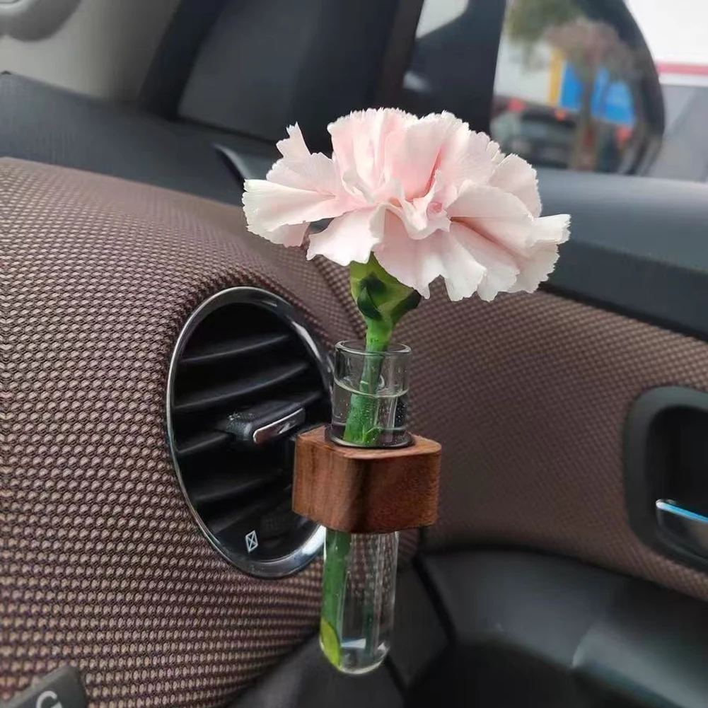 Stable Mini Car Flower Vase Clip Elegant Adjustable Car Vent Flower Vase Walnut and Glass Creative Car Vent Decor Dashboard
